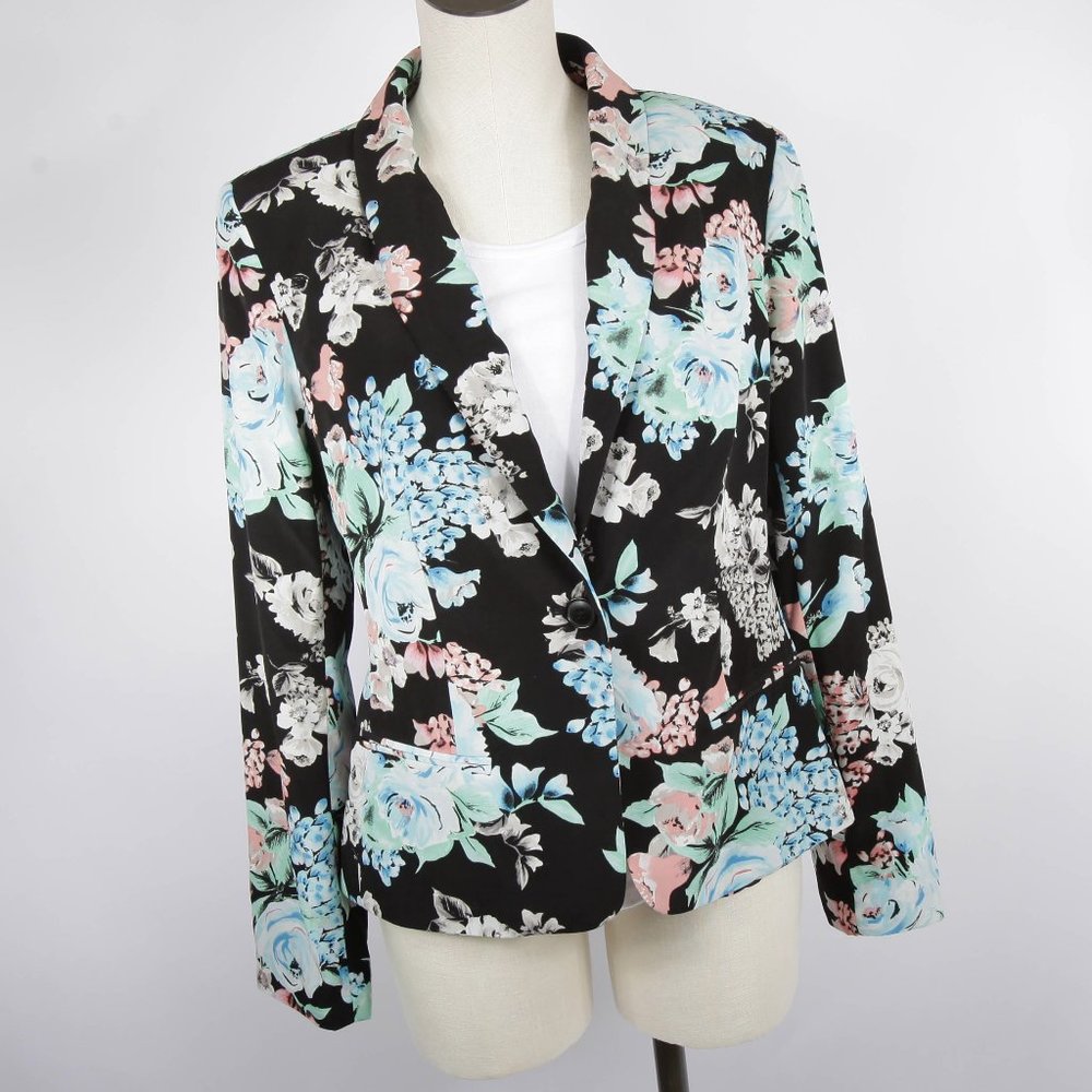 Charter Club Black Blue Floral Lapel Blazer Large